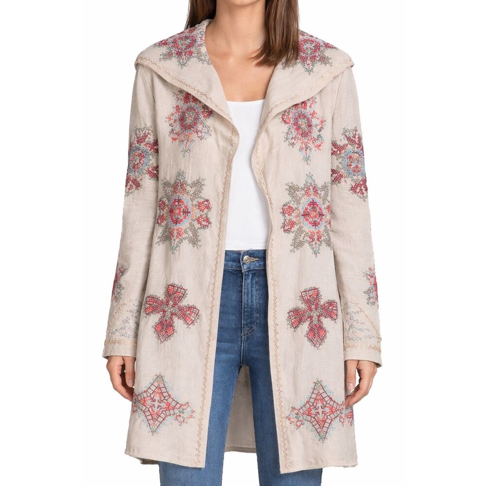 Johnny Was Biya Araceli embroidered open front cardigan duster, Small $500 F8